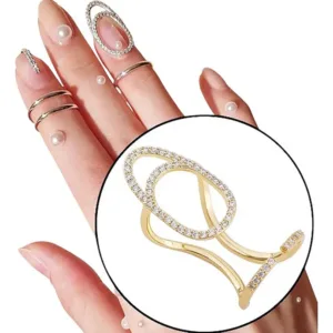 Anillo Para Uña Doble Óvalo Dorado Con Cristales Blancos