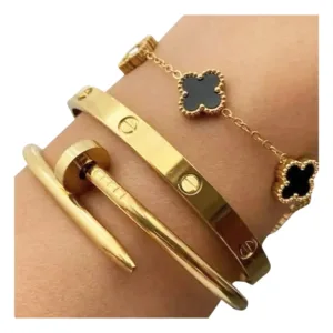 3 Brazaletes Dorados Apilables Amor Y Amistad Acero Baño Dorado