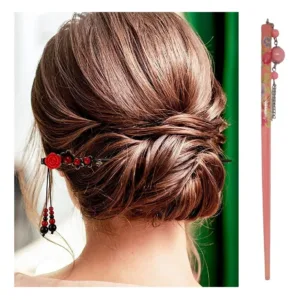 Palito Kanzashi Japones Pintado De Madera Cabello Recogido - Rosa