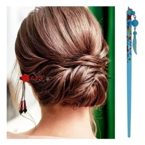 Palito Kanzashi Japones Pintado De Madera Cabello Recogido - Celeste